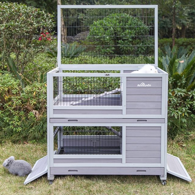 Aivituvin Rabbit Hutch Indoor and Outdoor Bunny Cage on Wheels Guinea
